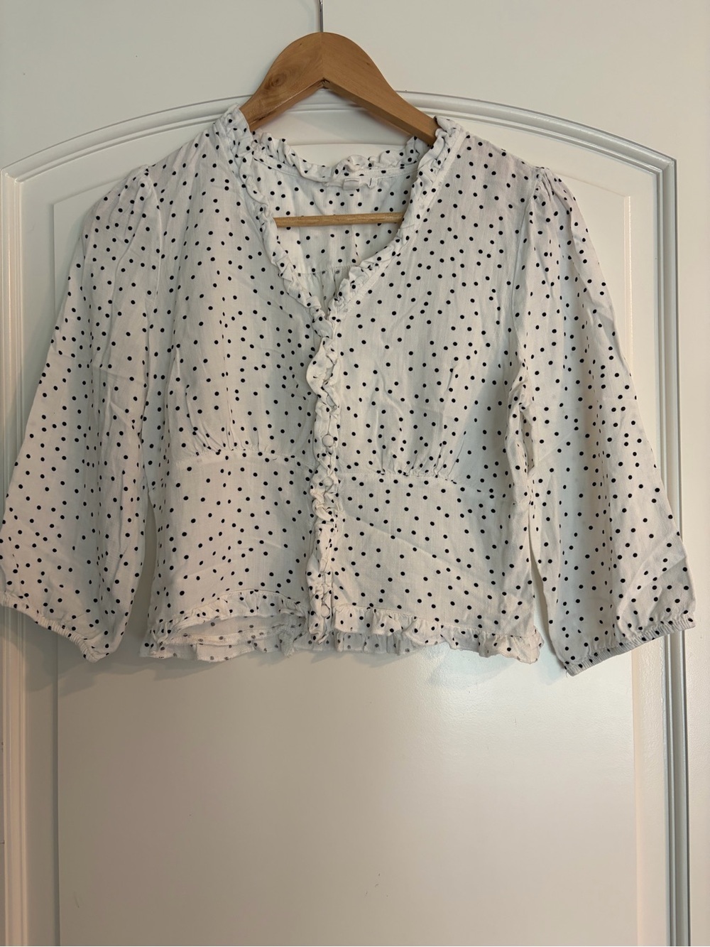 Mine Polka Dot Ruffle-Front Women’s Crop Top - White with Black Dots Babydoll M